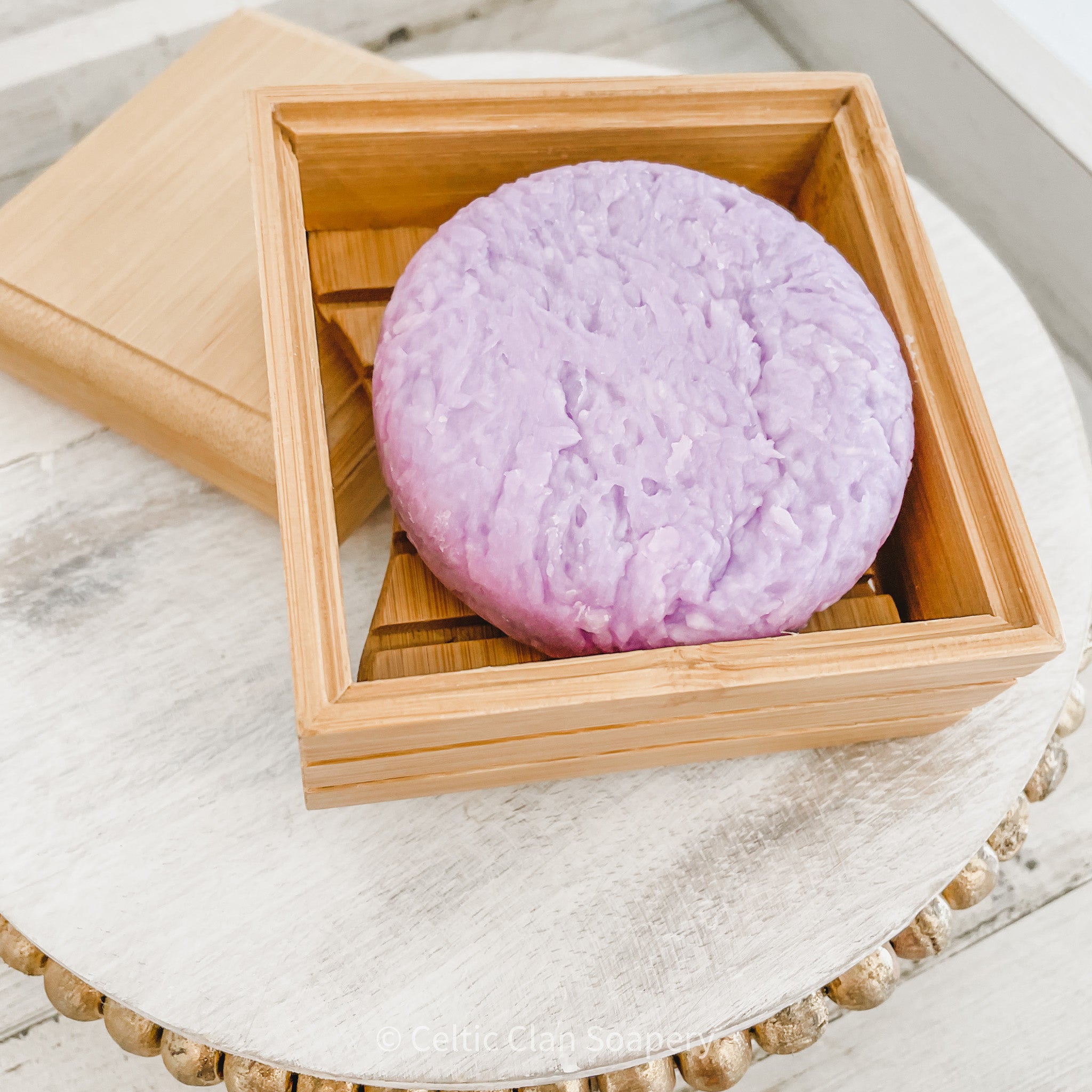 Celtic Clan Soapery sulfate free shampoo bar in bamboo box lavender essential oil
