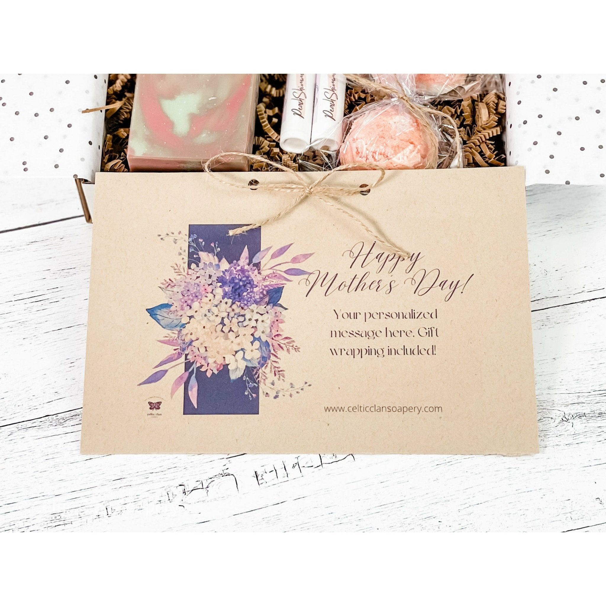 Personalized Bath and Body Gift Set | Peach Champagne | Greeting Card - Celtic Clan Soapery LLC