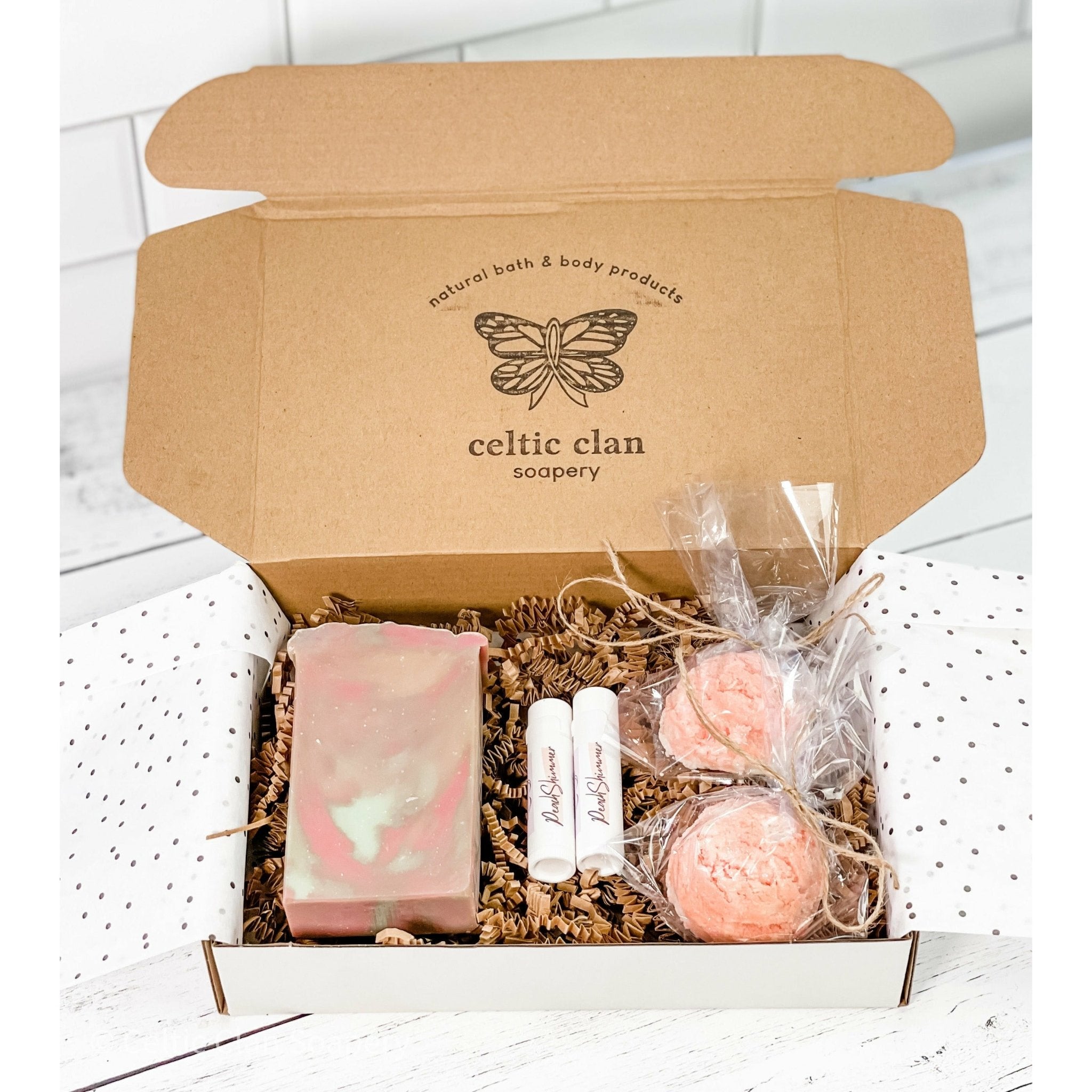 Personalized Bath and Body Gift Set | Peach Champagne | Greeting Card - Celtic Clan Soapery LLC